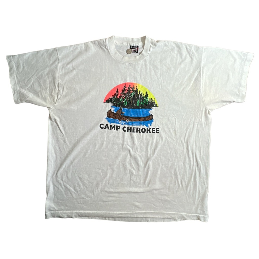 Vintage 90s Camp Cherokee Native Fishing Colorful Graphic Men’s T-shirt Size XXL